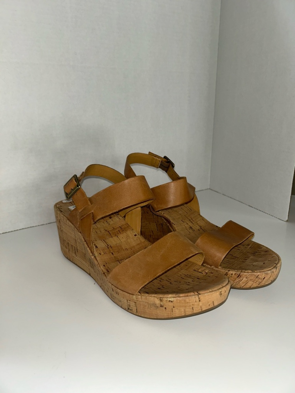 Kork-Ease Cognac Leather Cork Wedge Sandals